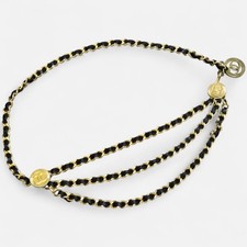 CHANEL Gold Plated Black Leather CC Logos Vintage Chain Belt Good Condition