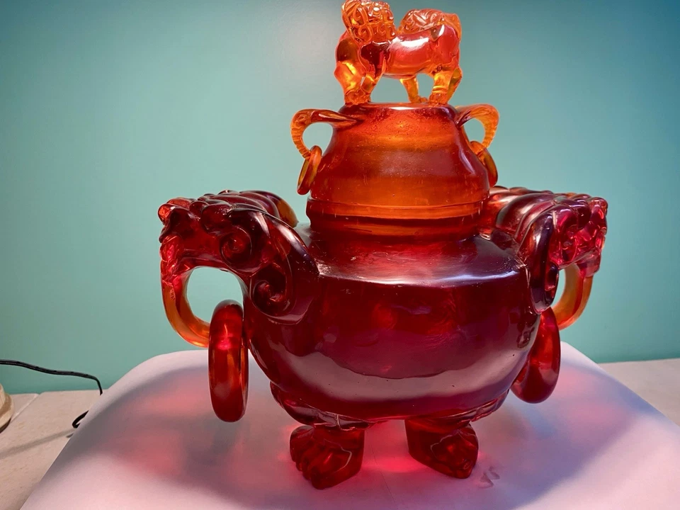 Estatuilla quemador de incienso dragón chino ámbar resina roja tallada de colección Foto 3 de 4