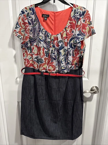 Abito ALYX paisley e denim vestito manica ad aletta taglia 16 con cintura rosso arancione blu nuovo con etichette