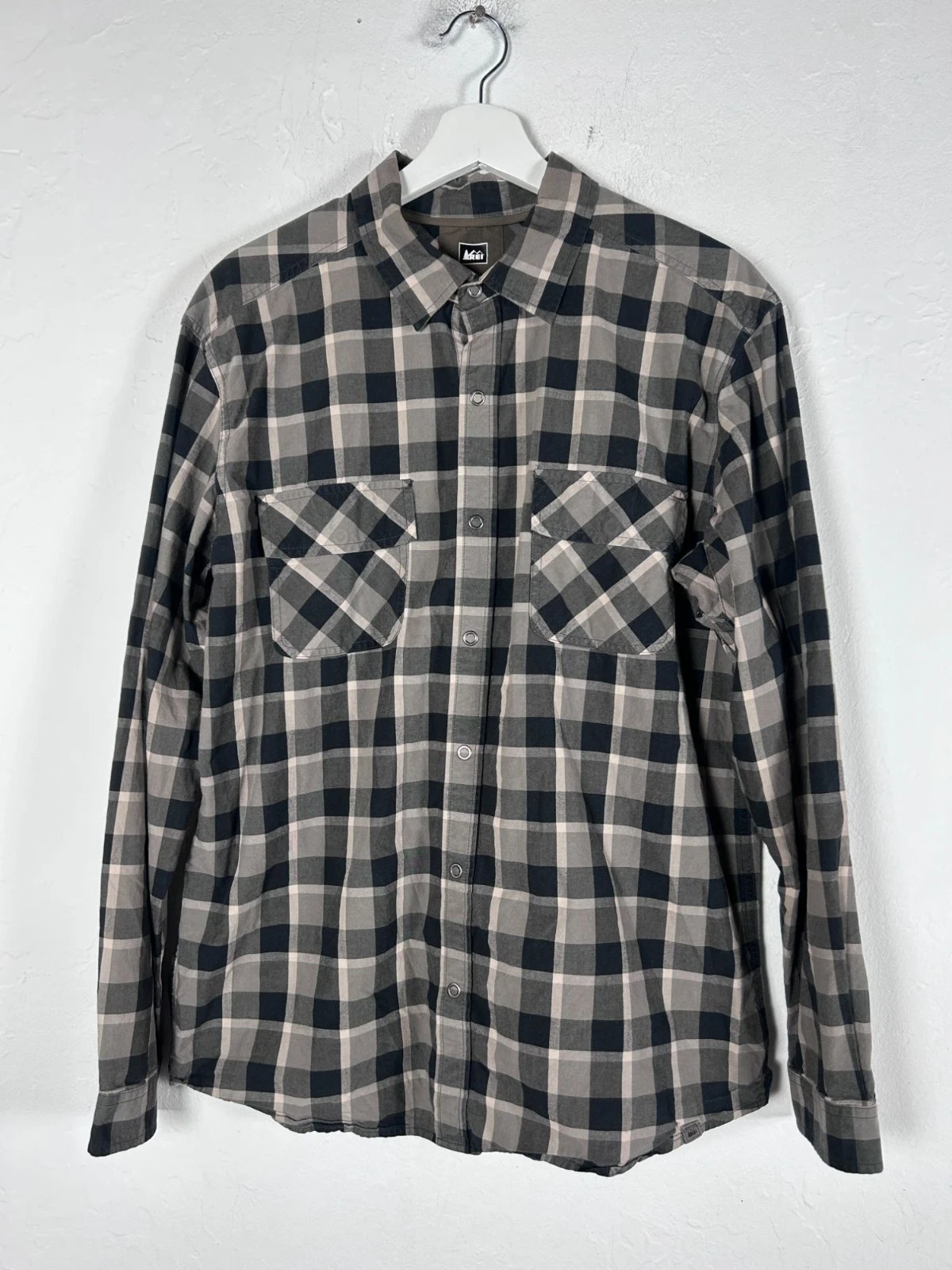 Rei Mens Gray & Black Plaid Snap Front Long-Sleeve Shirt Large Organic Cotton