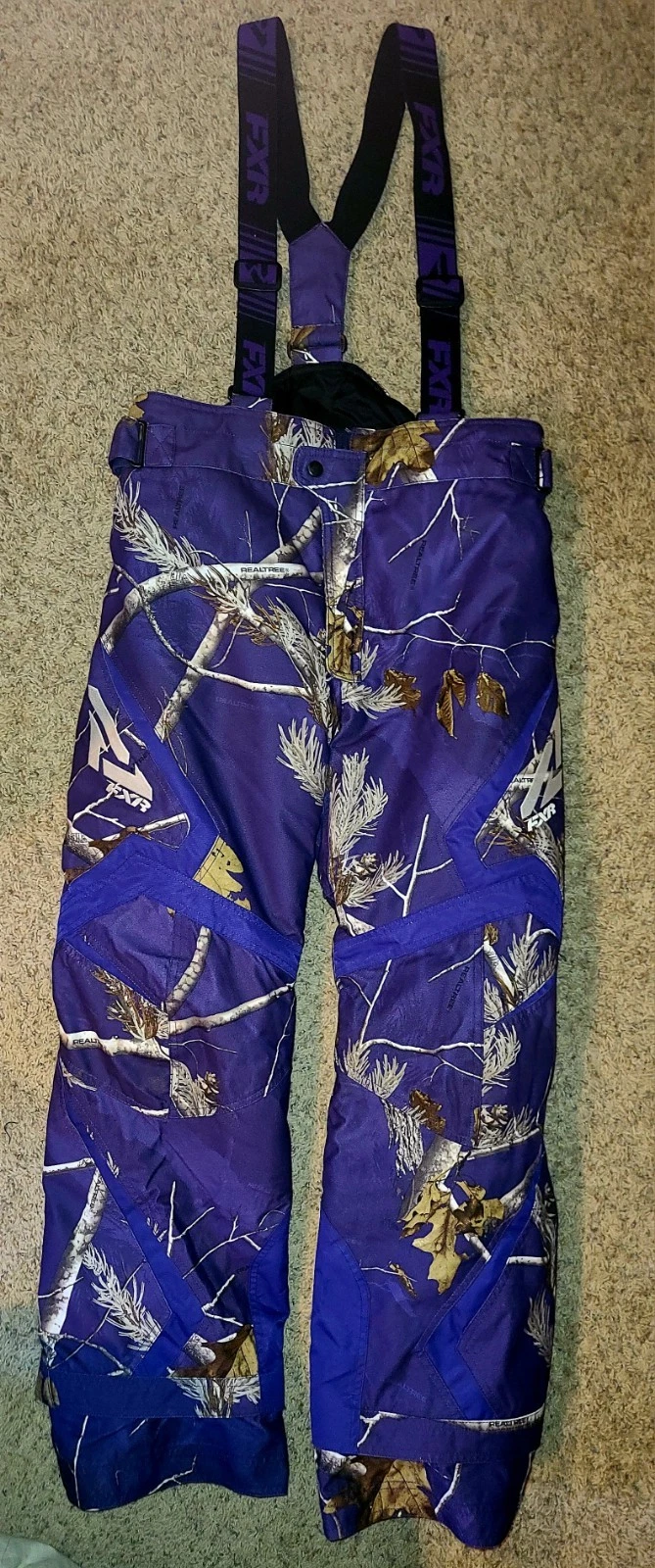 NWT FXR Purple Camo Bib Pants FAST Youth Size 12 (Wmn's XS) measurements in pics