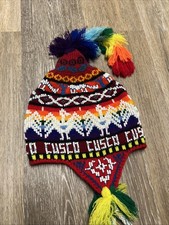 Chullo Knitted Wool Multicolored Beads Peruvian Crafts Handmade Andean Hat