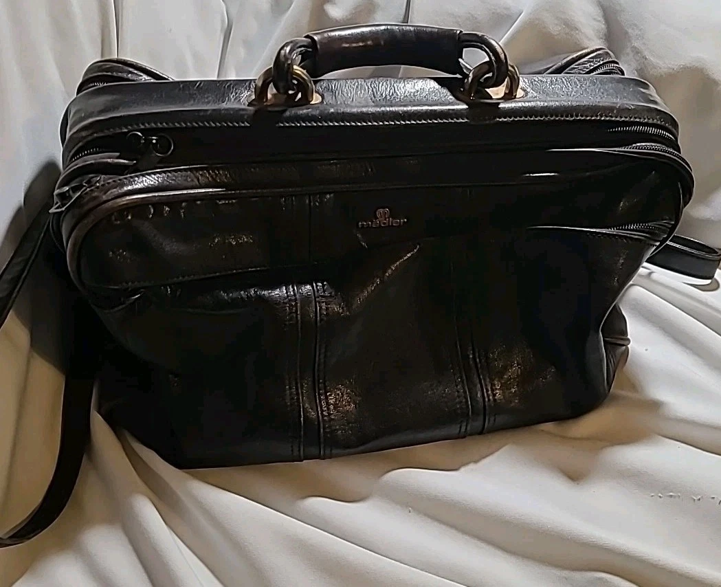 Vtg MADLER Luxury Black Leather Bag MADE IN ITALY Pockets Carry-on  