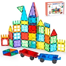 Gemmicc 100 PCS Magnetic Tiles + 2 Cars STEM Building Toys Magnet Play Set