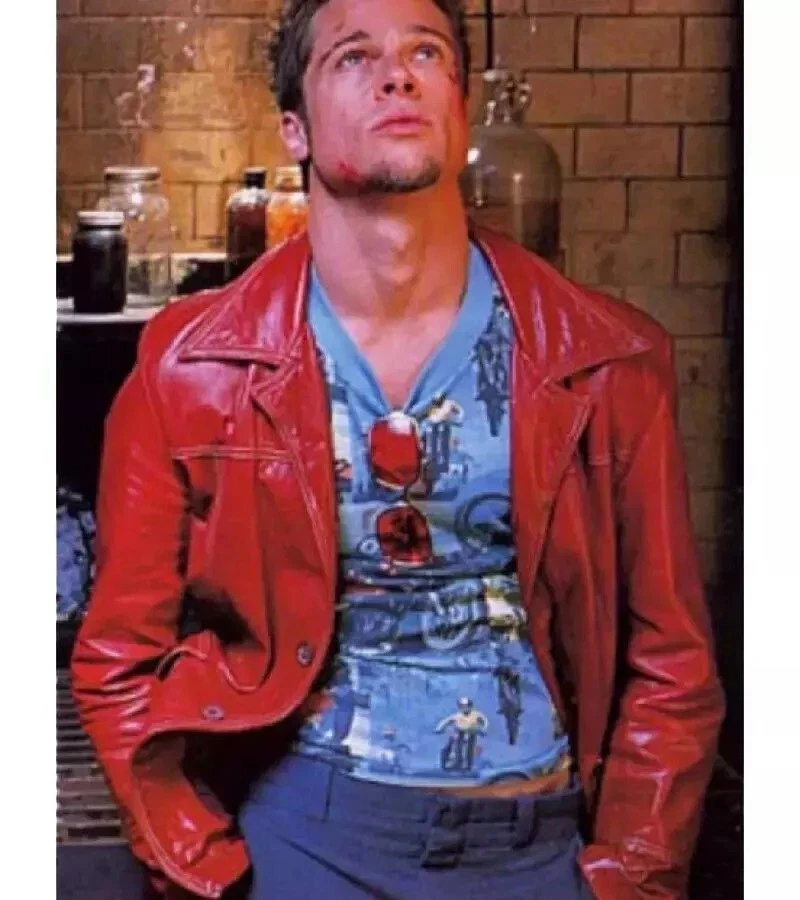 Brad Pitt Fight Club Jacket Red Tyler Durden Style Real Leather FC Costume - Image 2 of 4