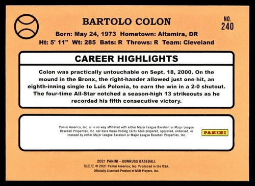 2021 Donruss Bartolo Colon Cleveland Indians #240A - Picture 2 of 2