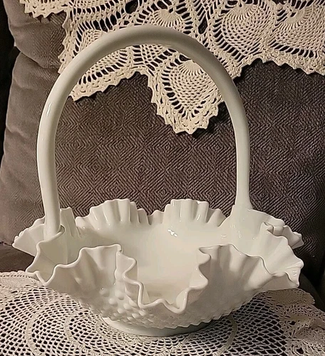 Fenton Large Milk Glass Hobnail Bride's Basket Ruffled Edge 11” 1/2 Diameter USA