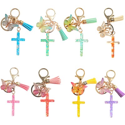 Colorful Sequin Cross Butterfly Tassel Pendant Keychain Backpack Hangings De _r1