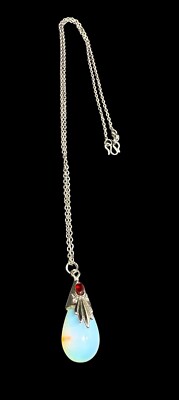 Vintage Sterling Silver Garnet Opalite Teardrop Pendant 925 Chain Necklace 
