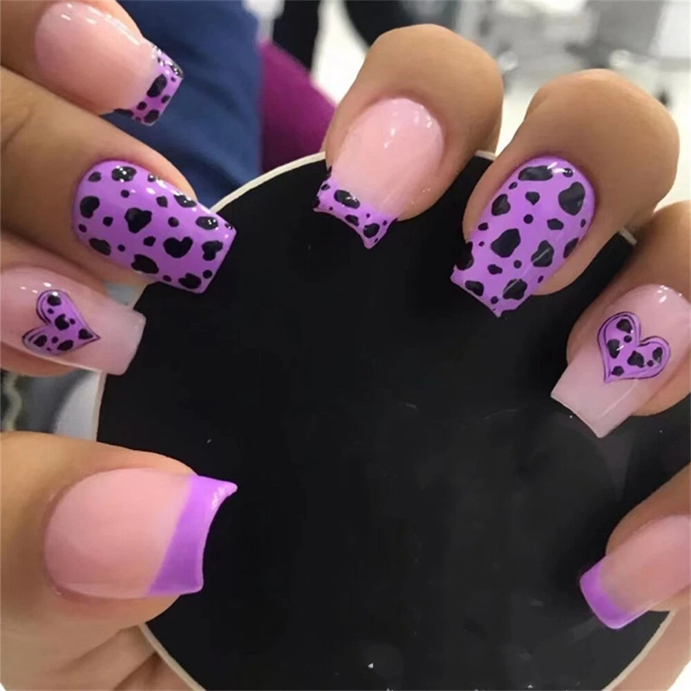 Short Square False Nail Purple Leopard print Press on Nails for Nail Art  24pcs