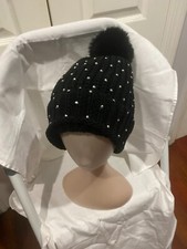 Women Crochet Beanie hat with Pom Pom Black with Glitters
