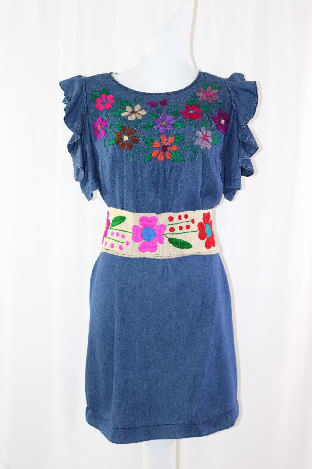 Women's Hand Embroidered Denim Tunic Dress - Max 79% OFF New product w Belt Medium Cold
