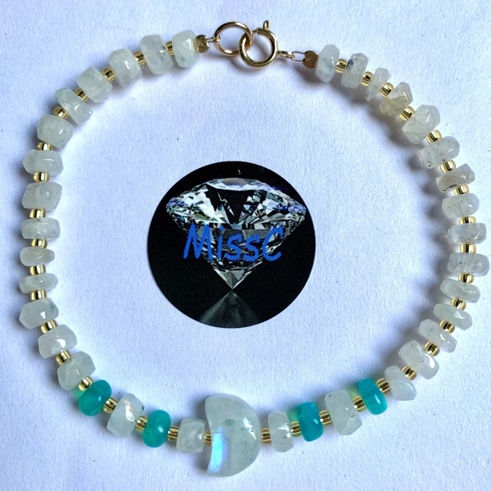 9CT GOLD RAINBOW MOONSTONE AND FIRE OPAL BRACELET, HANDMADE IN UK — 第 3/4 张图片