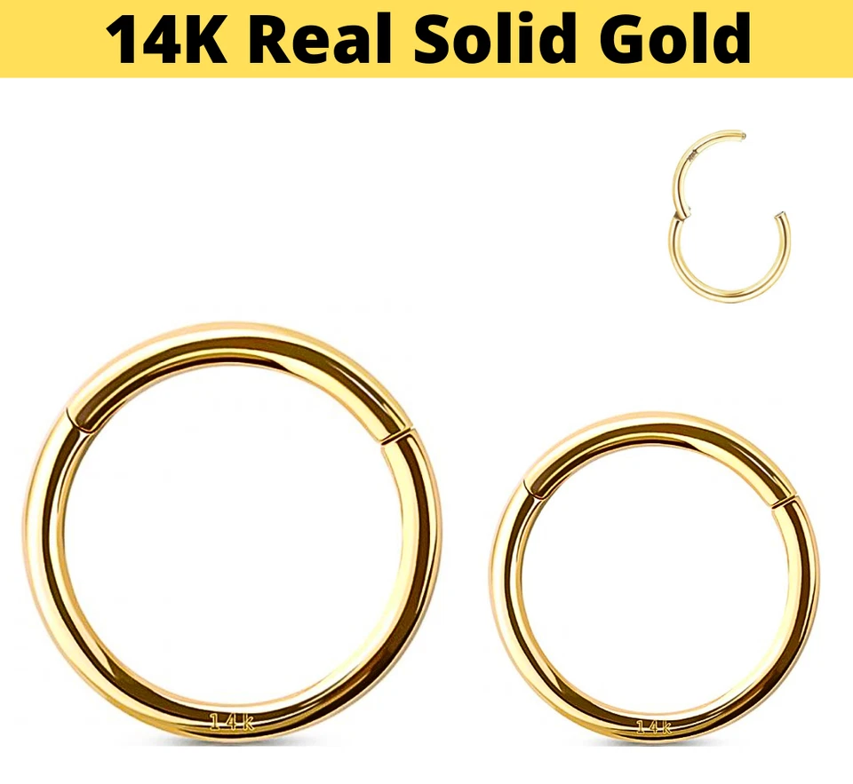 18G 14K Real Solid Yellow Gold Hinged Clicker Septum Nose Hoop Earrings Ear Hoop - Image 2 of 4