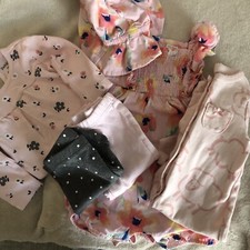 Bundle Girl Flower Romper w/hat, 2pr pants, one piece long sleeve shirt, Pjs 6M