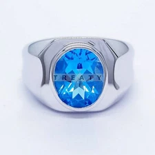 Blue Topaz Oval Cut Gemstone With 925 Sterling Silver Ring For Men's #243