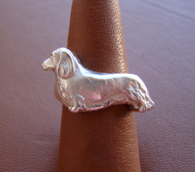 Sterling Silver Longhaired Dachshund Standing Study Ring