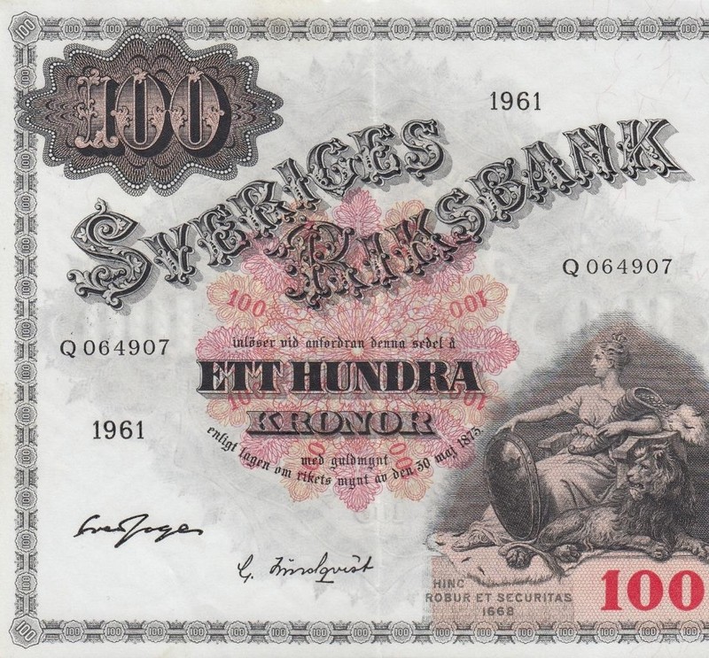 1961 SWEDEN 100 KRONOR SVERIGES RIKSBANK "Q" (( aUNC ))