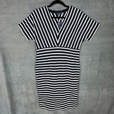 Saint James Dress Womens 8 Navy Cream Striped Short Sleeve V Neck Quiet Luxury