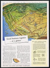 1945 PG&E PGE Pacific Gas Electric western USA train road map art vtg print ad