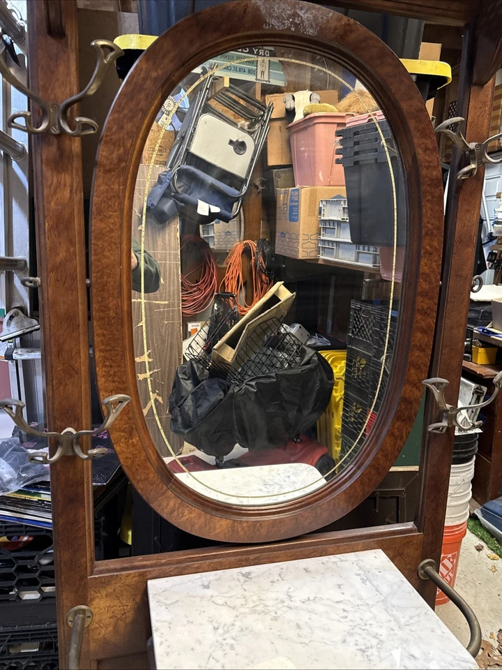 Antigua perilla de vidrio grabada con tapa de mármol de árbol de pasillo victoriano vintage de nogal Foto 4 de 4