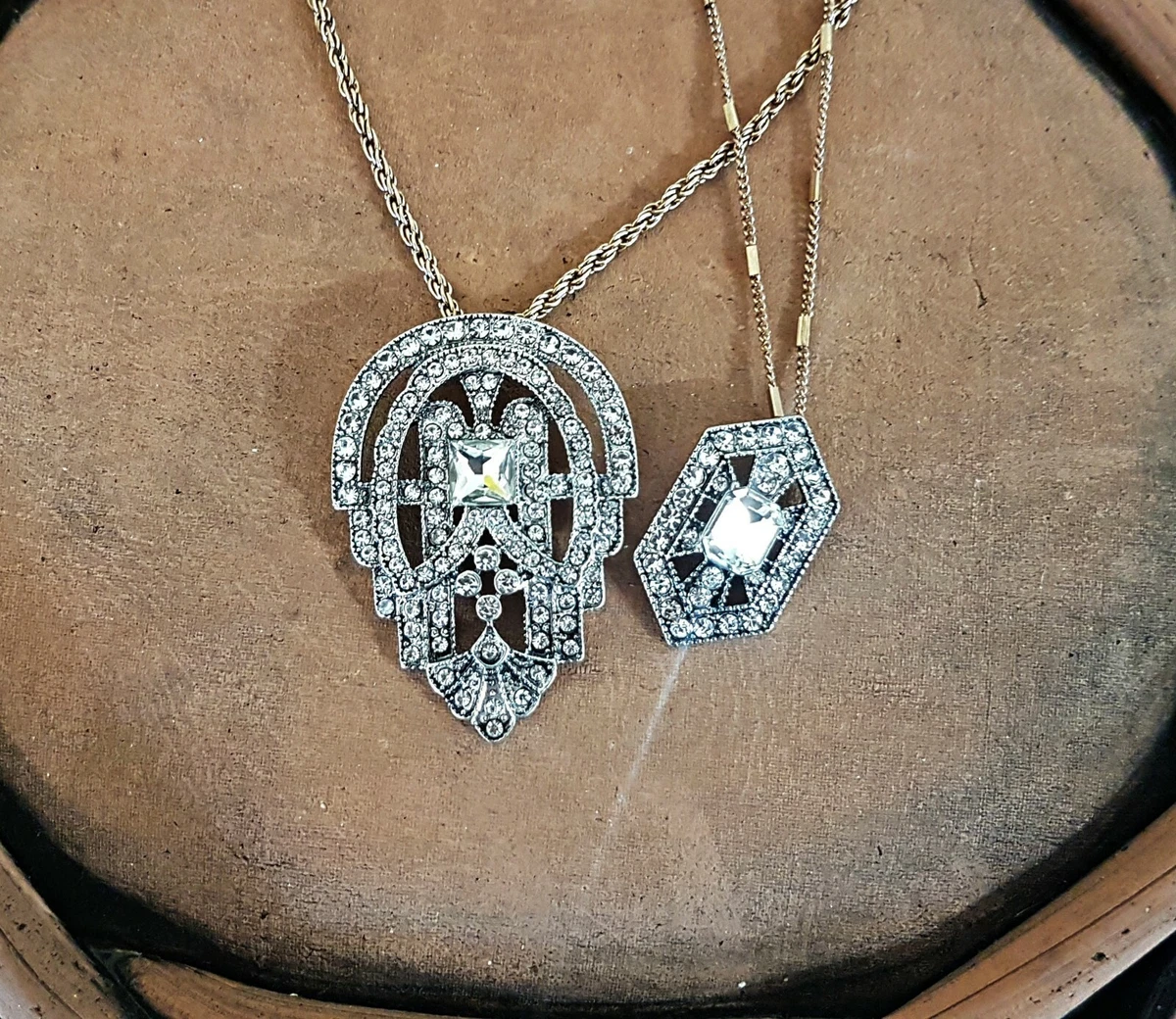 Vintage Art Deco Statement Necklace silver geometric clear crystals Gatsby