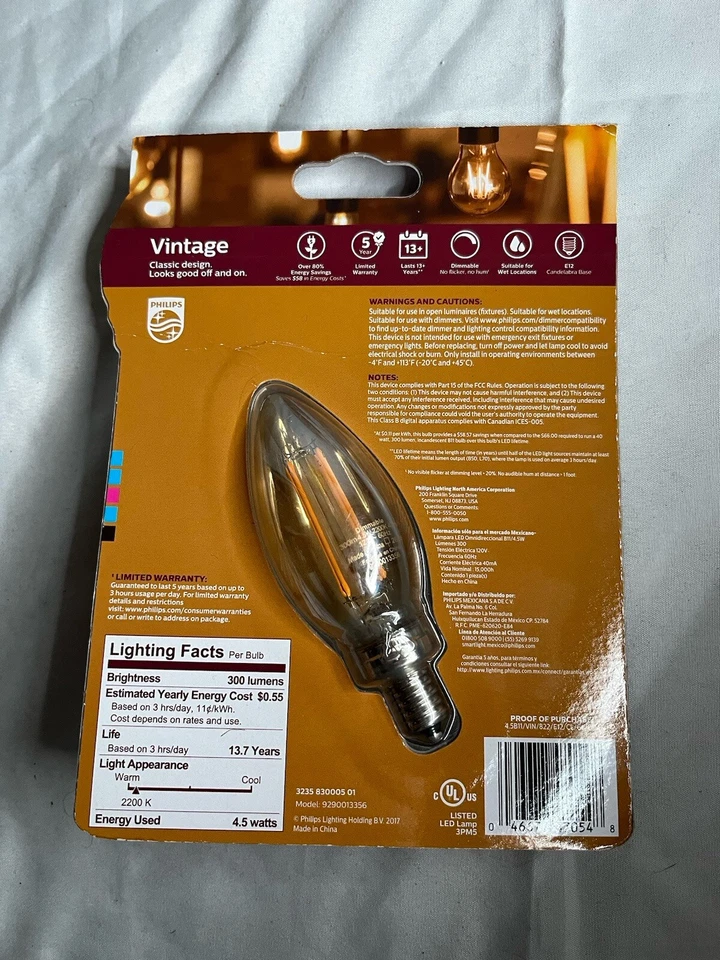Philips LED Vintage Light Bulb Dimmable E12 Candelabra Base 300 Lum Amber 40W - Image 3 of 4