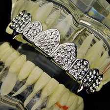 Vampire Grillz Eight Top 8 Teeth Mouth Blinged Silver Tone Hip Hop Fang Grills