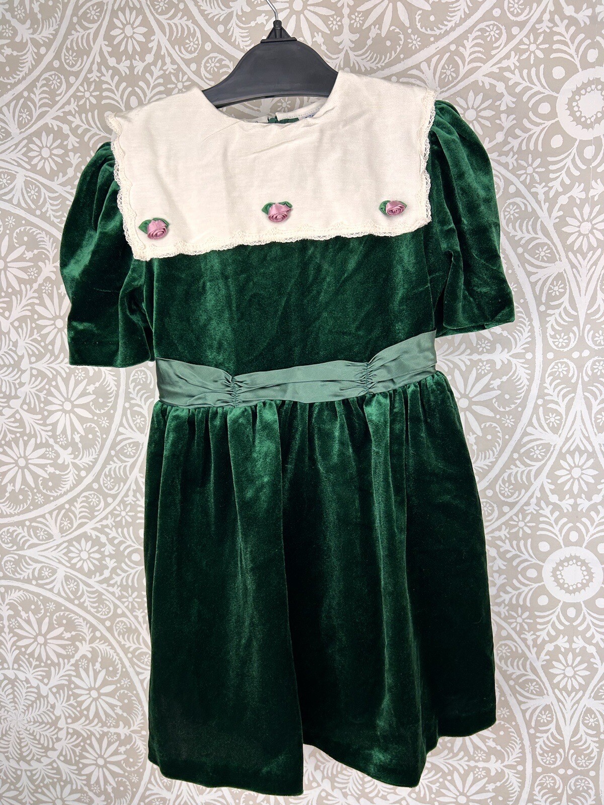 Vintage Green Velvet White Linen Collar Dress Vic… - image 4