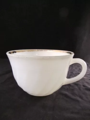 Set of 4 + 1 Fire King White Milk Glass Swirl Pattern Mugs or Cups w/ Gold Rim