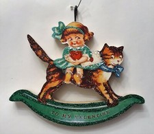 GIRL w HEART on CAT ROCKER * Glitter VALENTINE ORNAMENT * Vtg Img