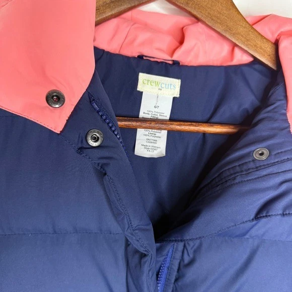 Crewcuts by J. Crew Puffer Coat Navy Coral Hooded Down Fill Kids Size 6 7 - Image 2 of 4