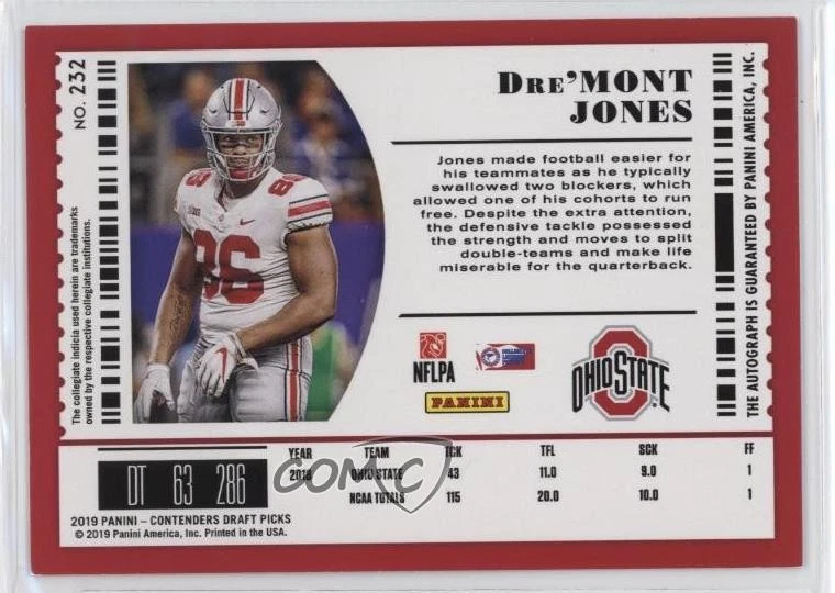2019 Panini Contenders Draft Picks Bowl Ticket /99 Dre'mont Jones Rookie Auto RC - Image 2 of 2