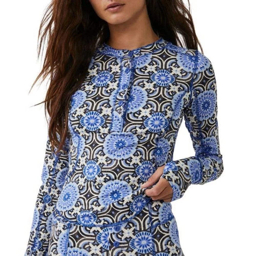 New Free People Fireside Long Sleeve Base Layer Blue Top Size M