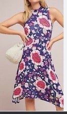 Anthropologie Maeve Cleary Floral Mock Neck Swing Dress  midi Xs Spandex Pockets