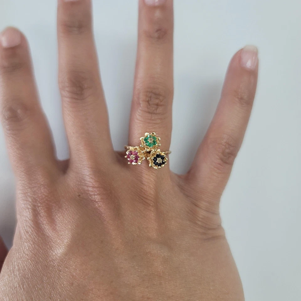 Sapphire, Emerald, Ruby Tulip Flower Ring 14k Yellow Gold 1980s vintage replica - Image 2 of 4