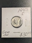 1943 S Mercury Dime Gem BU Uncirculated US Silver Coin Collectible