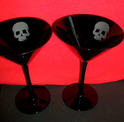 Pottery Barn SKULL PAIR Black Martini Glass Halloween Goth Stemware Skeleton Gor