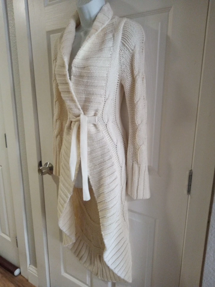 Bebe Winter White Cable Knit Sweater Jacket Shawl Collar Tie Front Duster XS - Image 3 of 4