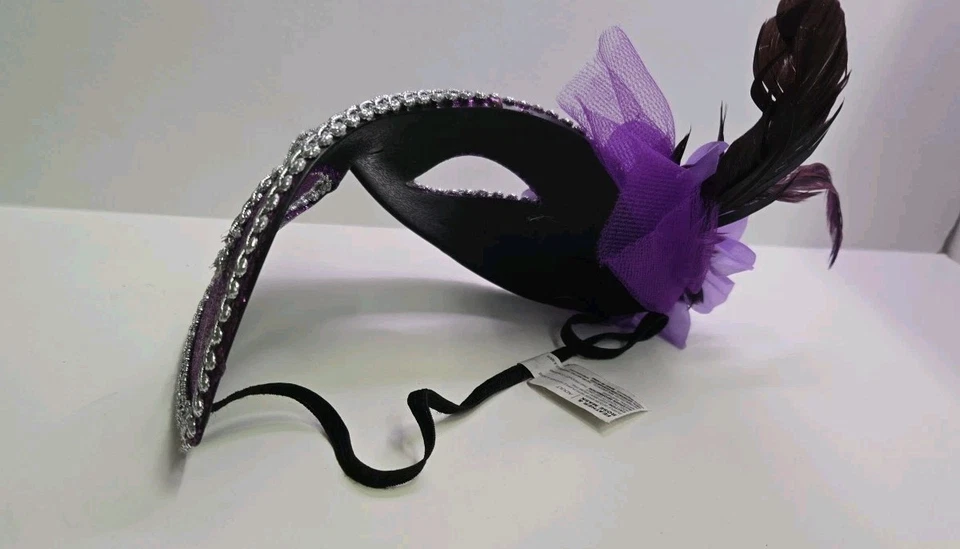 Purple Sequin with a Rose and Feather Masquerade Mask with Glider - Image 4 of 4