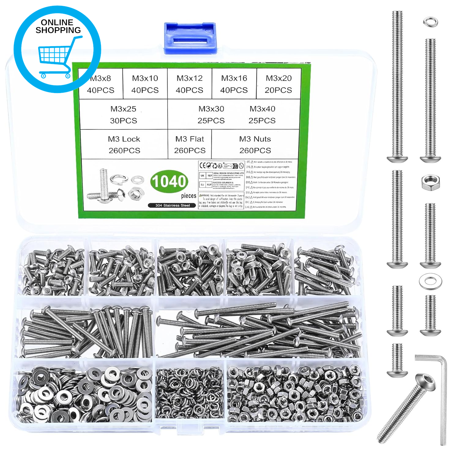 1040 Pcs M3 Screws Set, M3 Bolts and Nuts Set, Assorted Nuts and Bolts Set, Hex