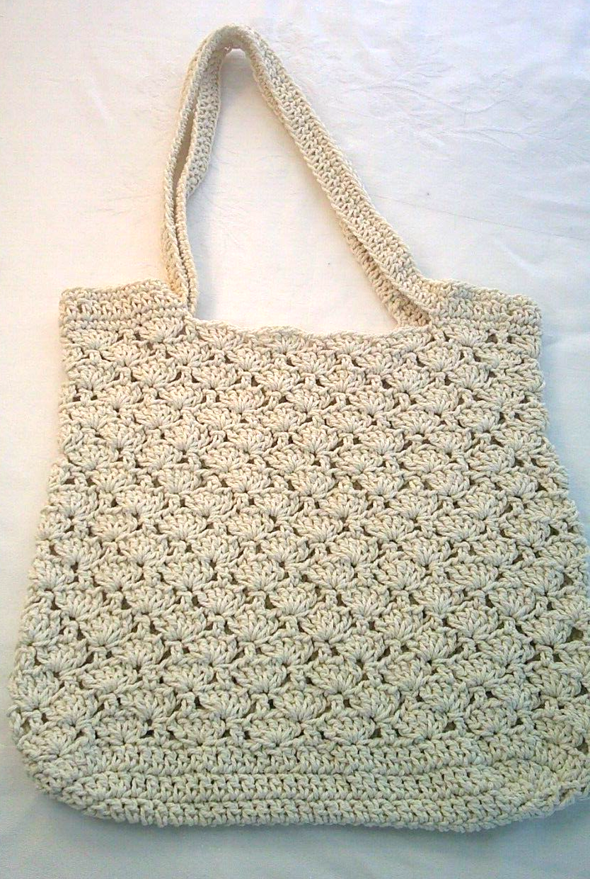 Handbag/Tote Over the Shoulder Crocheted Cotton Cord Cream Colored Handcrafted-image