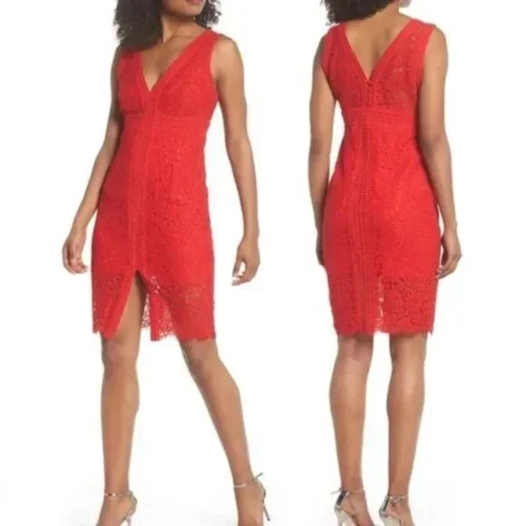 Bardot Morgan Front Slit Lace Sheath Dress Red Xs New Bardot Morgan Front Slit Lace Sheath Dress Red Xs New