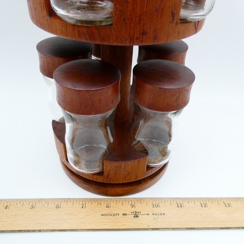 Estante giratorio de especias danés de madera de teca excavada 10 tarros 2 niveles mediados de siglo moderno - Imagen 12 de 12
