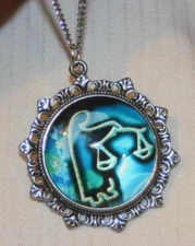 Lovely Fleur de Lis Starburst Blue & White Libra Scales Zodiac Silvertn Necklace