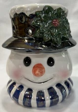Christmas Cheer Snowman Head Tealight Holder Black Hat Holly Blue Scarf