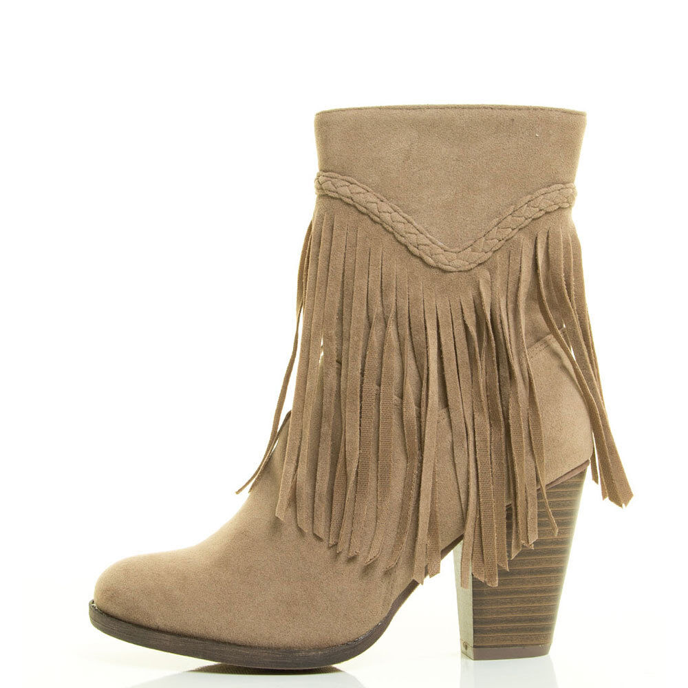 Almond Toe Fringe Chunky Thick Heel Mid Calf Ankle Cowboy Western Boot ...