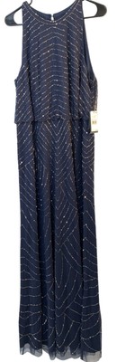 Adrianna Papell 18 Bead Halter Blousen Gown Navy Dress Art Deco Formal NwD
