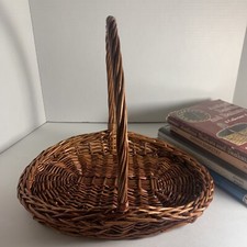 Vtg Handled Flower Fodder Tray Basket Brown Hand Woven 12 French Country Cottage