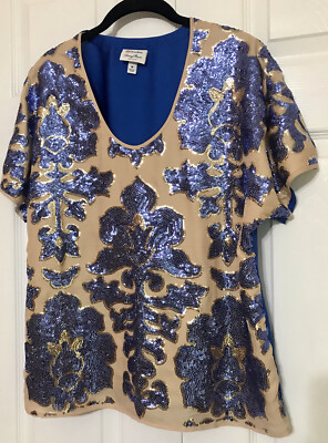 Neiman Marcus M Top Tracy Teese New York Royal Blue Gold Sequin Blouse Washable